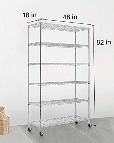 Fdw 18X48X82 Inch Wire Shelving Unit With Wheels Steel 6 Tier Heavy Duty Layer Rack Storage Metal Shelf Garage Organizer Wire Rack Shelving Adjustable Utility 2100 Lbs Capacity (Chrome) #TOP6