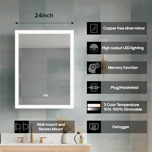 Armario LED para medicamentos WELLFOR de 24 x 32 pulgadas con luces, espejo de maquillaje con aumento 3X, armario de vanidad para baño con almacenamiento, antivaho, montaje en superficie o empotrado, puerta que se abre hacia la derecha miniatura 5
