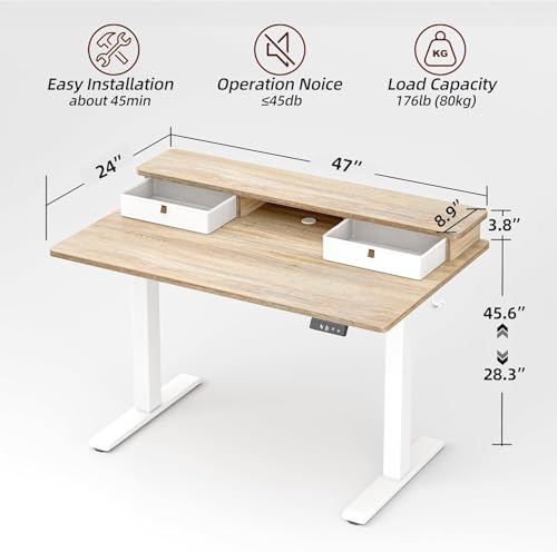 TIQLAB Standing Desk with Two Drawers, Stand Up Standing Desk Adjustable Height, Electric Sit Stand Table with Storage Shelf and Splice Board, 48 * 24 inch, Maple - Thumbnail 3
