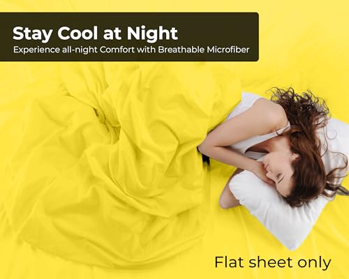 Image of Royale Linens King Flat Sheet - Ultra Soft Brushed 1800 Microfiber Flat Sheets Only - Wrinkle Free & Stain Resistant - Hotel Quality Top Sheet for Bed (King, Yellow)