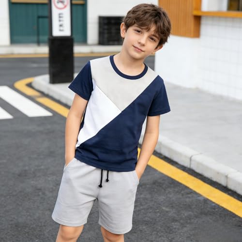 Image of Ayzozuy Boy Clothes Colorblock Top + Drawstring Waist Shorts 2 Pieces Kid Summer Outfits Set