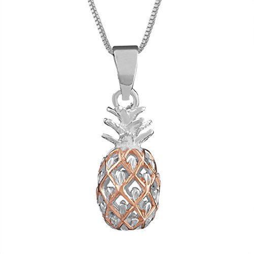 Sterling Silver With Rose Gold Tone Accents Small Pineapple Pendant Necklace, 16+2" Extender #TOP18