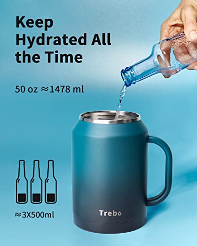Trebo 50 Oz Mug Tumbler With Handle, Stainless Steel Coffee Cup With 2 Lids And 2 Straws,Double Wall Vacuum Insulated Large Bottle,Reusable Flask Keeps Cold For 36 Hrs/Hot For 24 Hrs,Blue Indigo/Black #TOP4