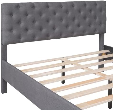 Miniatura 32 de Marco de cama de plataforma de tamaño individual, marco de cama tapizado de lino de diseño moderno con cabecera copetuda, cama de almacenamiento,