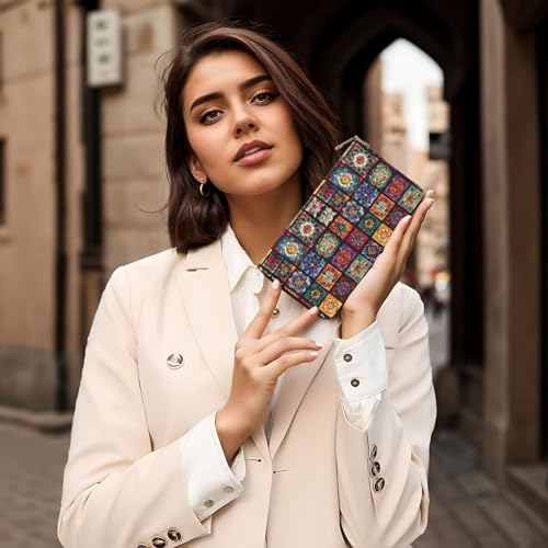 Vintage Floral Pattern Print Wallet Women Men, Long PU Leather Wallets for Women, Cute Womens Travel Wallet Purse Pouch with Zipper Pocket 6