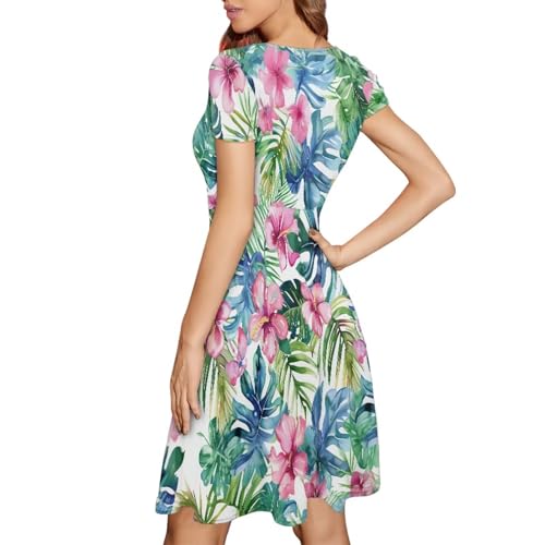 Image of HUGS IDEA Womens Puffy Swing Midi Dress Round Neck Short Sleeve Party A-Line Dresses
