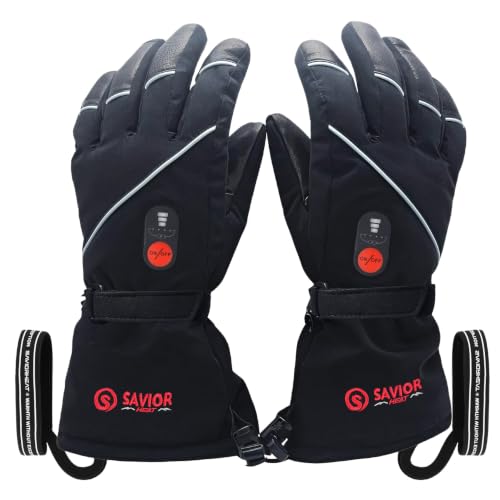 SAVIOR HEAT Heated Gloves for Men Women, Rechargeable Electric Heated Leather Skiing and Snowboarding Gloves(M)