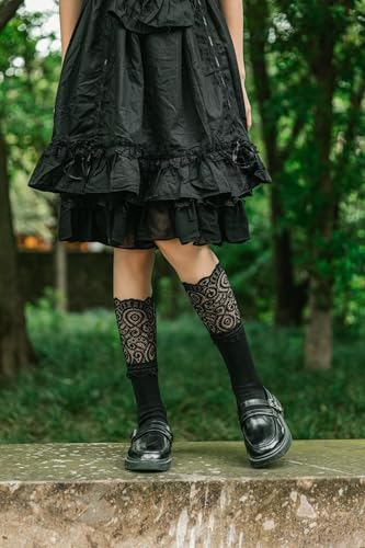 Womens Lace Cotton Socks Transparent Mesh Ruffle Dress Calf Socks (Black, 1 Pairs Thicken)4