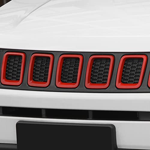 Image of CheroCar Grille Inserts ABS Front Grill Cover Guard Exterior Accessories for Jeep Compass 2017-2020, Red