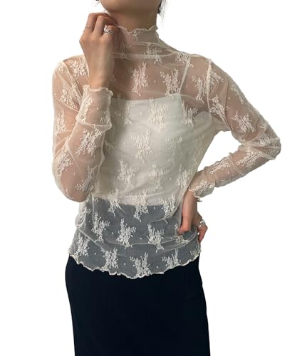 [神戸レタス] シアー レース インナートップス レディース レイヤード 重ね着 モックネック 長袖[C6433] L メロウ花レースエクリュ - KOBE LETTUCE(コウベレタス) - 商品画像