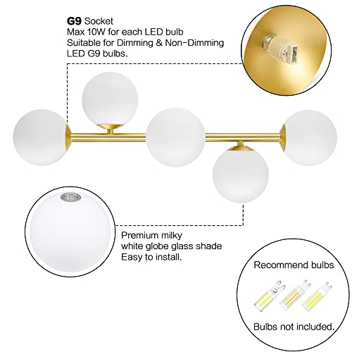 Image of Bathroom Vanity Lights, 5-Light Bathroom Light Fixtures, Mid Century Modern Brass Bathroom Light Ceiling Light, Wall Sconces Semi-Flush Mount Light Fixture with Milk Globe Glass, Brass Gold, G9 Base