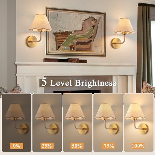 Image of ADISUN Battery Operated Wall Sconce Set of 2, Gold Wall Lamps for Living Room, Rattan Shade, Dimmable, Wireless Wall Lights for Bedroom Living Room Hallway Kitchen(2 Bulbs Included)