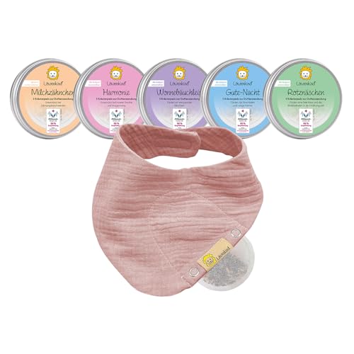 LÖWENKIND Rundum-Sorglos-Special für gängige Kinderwehwehchen | Erkältungszeit Zahnen Schlafen Bauchbeschwerden Unruhe | 5x5 natürliche Kräuterpads | Musselin-Halstuch aus Bio-Baumwolle (Altrosa)