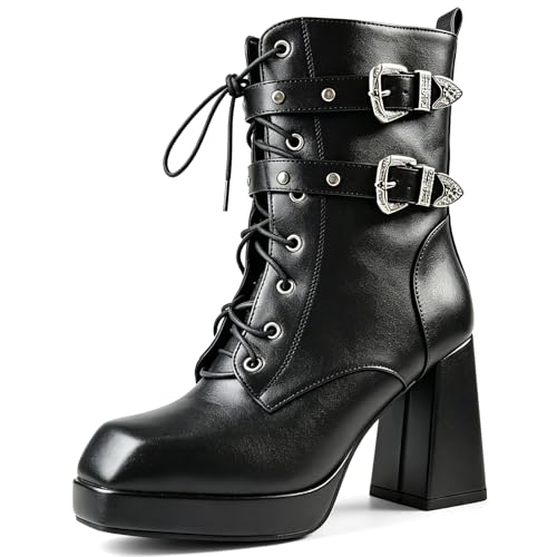 Image of MEOTINA Goth Platform Boots Combat Boots Chunky Heel Ankle Booties for Women Punk Buckle Gothic Boot with Zipper Lace Up Dress Shoes Black /White