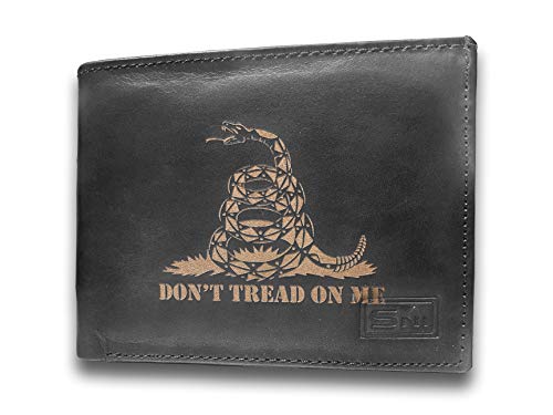 Don't Tread On Me Rattlesnake Genuine Cowhide Leather Laser Engraved Engraving Slimfold Mens Large Capacity Luxury Wallet Purse Minimalist Sleek and Slim Black Credit Card Holder Organizer 14 Pockets