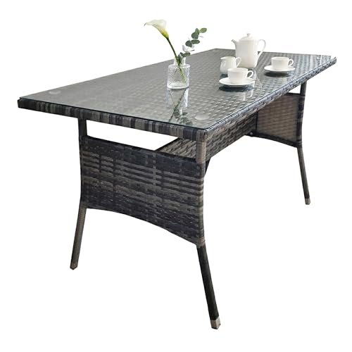 Relaxdays Gartentisch, HBT: 70 x 100 x 60 cm, wetterfest, Polyrattan, Glasplatte, eckiger Esstisch Garten & Balkon, grau