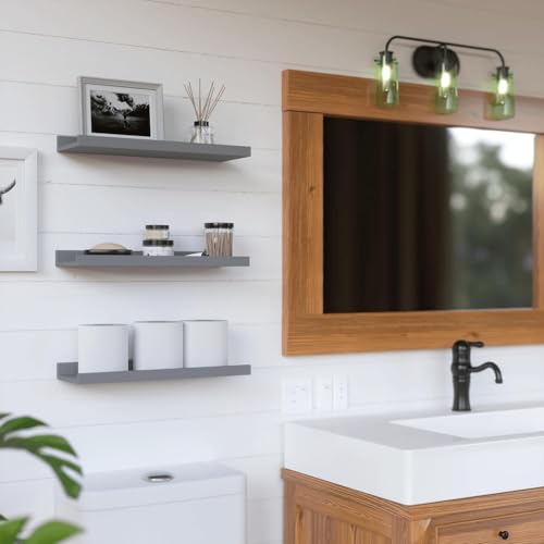RICHER HOUSE 3 Set Floating Shelves for Wall, 16 inches Wall Mounted Shelves with Lip for Storage, Display Picture Ledge Shelf for Bedroom Bathroom Kitchen Living Room Decor, Modern Grey