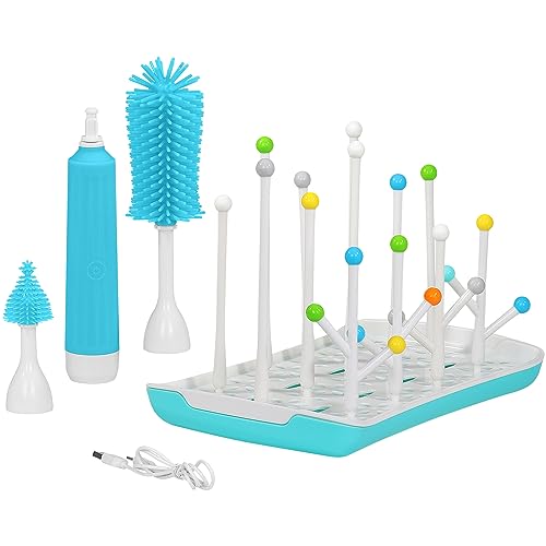 HOMEIFY Electric Bottle Brush Cleaner with Drying Rack - USB Rechargeable Bottle Cleaner Kit with Interchangeable Silicone Brush Heads for Pacifiers,
