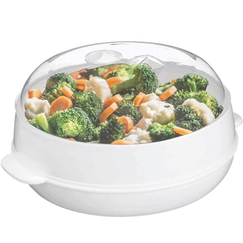 Plastic Microwave Heating Steamer with Lid and Tray (White)