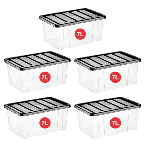 RelianceUK 5 X 7L Plastic Storage Box with Black Lid - Nestable, Stackable, Durable Multi Purpose Clear Containers for Home, Kitchen and Office Tubs (7 Litres / 5 Pack) Plastic Boxes - Made in U.K.