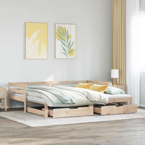 vidaXL Tagesbett, Bettsofa Ausziehbar mit Schubladen, Gästebett ohne Matratze mit Lattenrost, Ausziehbett Schlafsofa, 80x200cm Massivholz Kiefer