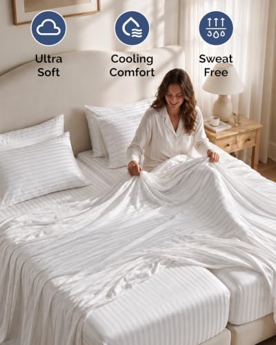 Image of Split King 7 Piece Bed Sheet Set - Breathable & Cooling - Striped White
