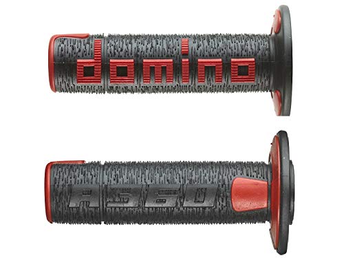 Domino Paire de poignées en caoutchouc inscription Domino Grand modèle A360 en caoutchouc bicolore noir/rouge pour moto off road cross / enduro longueur 120...