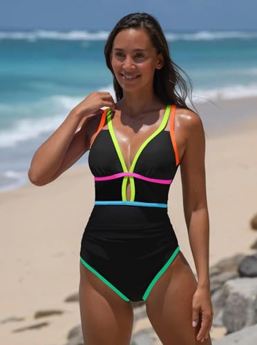 Image of popvil Women One Piece Swimsuit 2026 Tummy Control Sexy Cutout Neon Color Block Bathing Suit Slimming Adjustable Swimwear