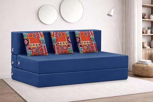 Image of Rosebell Three Seater Foldable Sofa Cum Bed (5x6 Feet) ? Jute Fabric, Washable Removable Cover, Includes Cushion | Space Saving Convertible Sofa Bed for Home, Office & Guests - Blue
