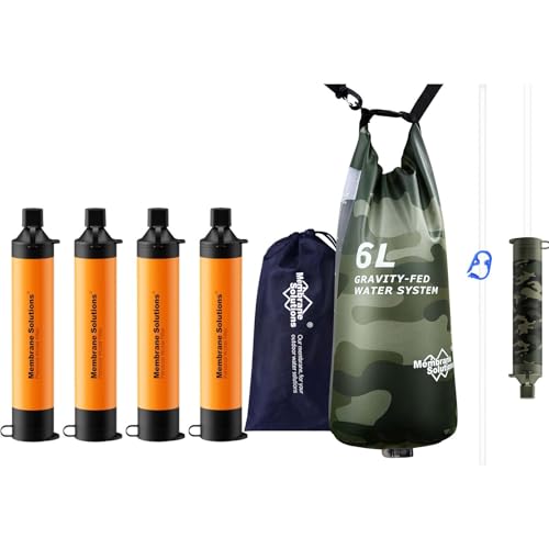 Membrane Solutions Pro 6L Camo Gravity Water Filter with 4 Extra S1 Orange Water Filter Straws, Survival Filtration Portable Gear, Emergency Preparedness, Supply for Hiking Camping Team Fami