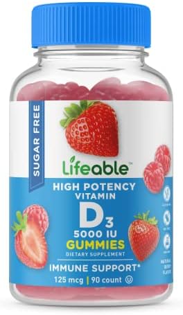 Lifeable Sugar Free Vitamin D 5000 IU - Great Tasting Natural Flavor Gummy Supplement - Gluten Free Vegetarian GMO-Free Chewable - for Immune Support and Bone Health - for Adults - 90 Gummies