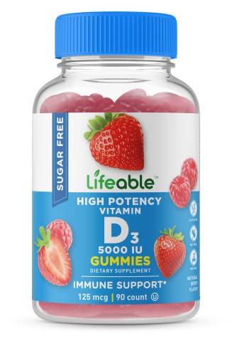 Lifeable Sugar Free Vitamin D 5000 Iu - Great Tasting Natural Flavor Gummy Supplement - Gluten Free Vegetarian Gmo-Free Chewable - For Immune Support And Bone Health - For Adults - 90 Gummies #TOP2