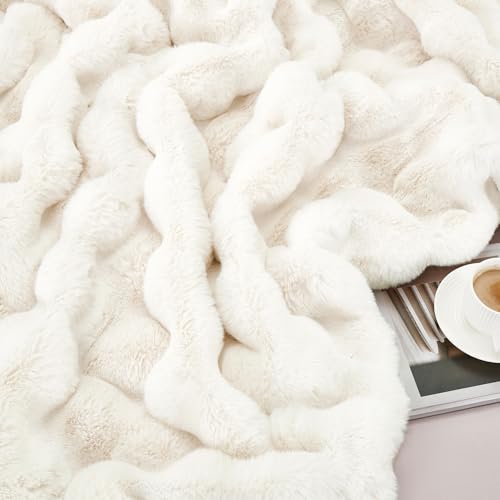 JONIYEAR Soft Fuzzy Oversized Bubble Faux Rabbit Fur Throw Blanket 60" x 70", Reversible Thick Warm Fluffy Blanket for Winter, Luxury Cozy Puffy Shaggy Furry Blankets for Bed, Twin Size, Cream White