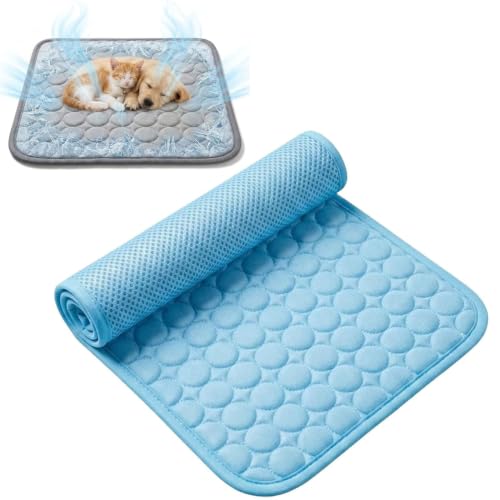 Cat Cooling Mat for Summer, Ice Silk Self Cooling Mat for Dogs & Cats Portable & Washable Ice Silk Cooling Mat (Blue,S)