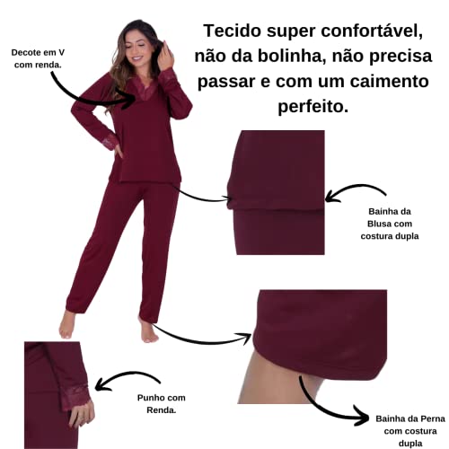 Pijama Longo Feminino L1273 Liganete Renda (Marinho, M)