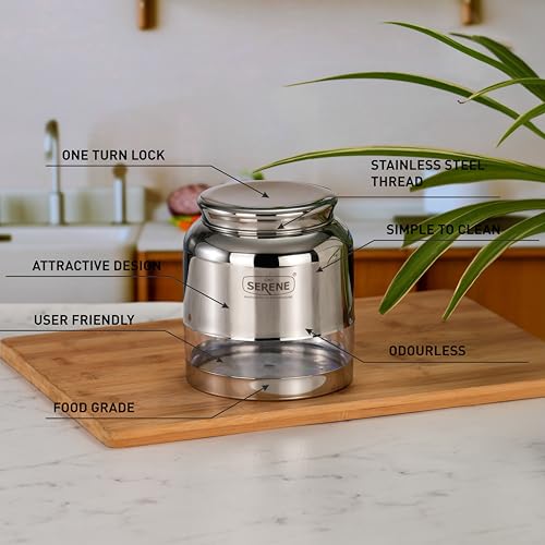 Image of Serene Stainless Steel Exotic See-Through Jar | Airtight Jars for Kitchen Storage | Premium Steel Jars with One Turn Lock Lid | Transparent Stainless Steel Containers | 1500ML | 4 PC