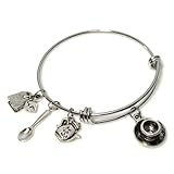 Tea Lover Charm Bracelet Stainless Steel Expandable Bangle Spoon Teabag Teapot Pendants