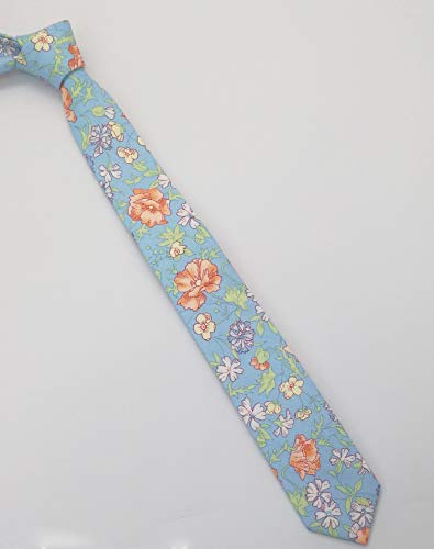 Image of Men's Skinny Tie Floral Cotton Necktie and Tie Bar Clip Sets, Great for Weddings,Groom,Groomsmen