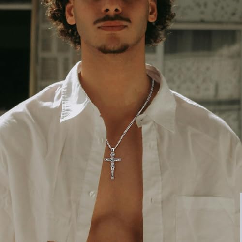 925 Sterling Silver Crucifix Necklace, Jesus Cross Necklace for Men, Christian Jewelry for Men Women, Protection Amulet Pendant3