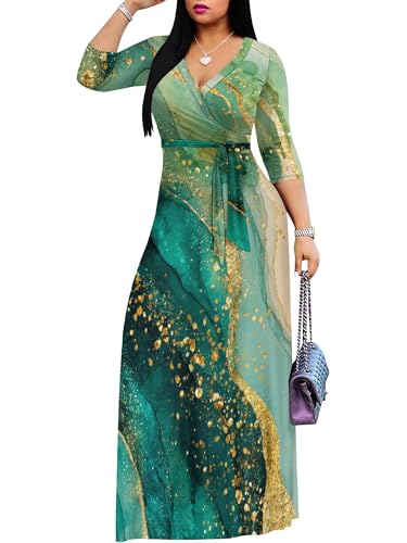 Image of Plus Size Dresses for Women Print Maxi Dresses 3 /4 Sleeve with Belt