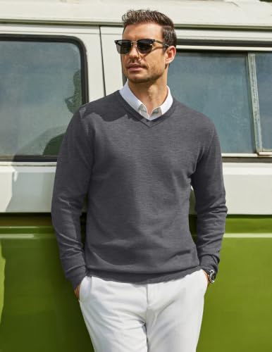 Image of COOFANDY Mens Casual V Neck Sweater Knit Slim Fit Long Sleeve Pullover Top