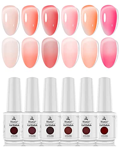Biutee Esmalte Semipermanente Manicura Francesa,6pcs Kit de Esmaltes de Uñas Rosa Translúcido y Natural 8ml Cover