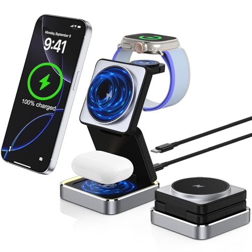 Wireless Charging Station 3 in 1 for Apple Devices, Foldable Magnetic MagSafe Charger Stand, Portable Fast Travel Charger for iPhone 17 Pro Max/ 17 Air/16/15/14/13/12/11/Apple Watch Series/Airpods