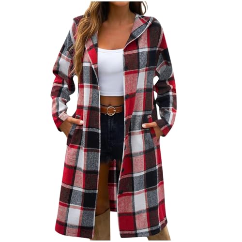 Veste longue à carreaux capuche femme en flanelle douce premium