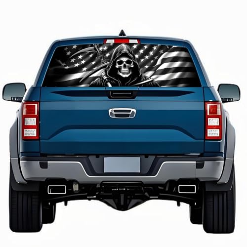 Image of Rear Window Decals for Trucks - 65x17.3 in Back Window Decals Fit Most Pickup Trucks SUV, Vinyl American Skull Flag Back Window Decal for Car Personalized Decoration - Skull Decal-6-S