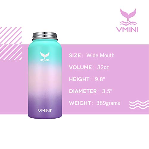 Vmini Water Bottle with New Wide Handle Straw Lid, Wide Mouth Vacuum Insulated 18/8 Stainless Steel, 32 oz, Gradient Mint + Pink + Purple Bottle & Mint Lid