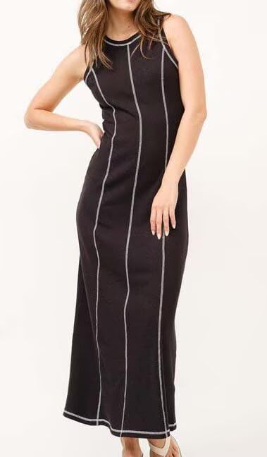 Image of Women's 2025 Summer Sundress Elegant Casual Crew Neck Sleeveless Knit Striped Bodycon Maxi Dress