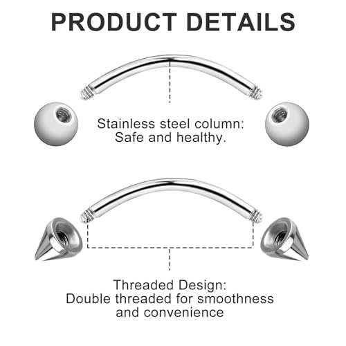 Yolev Augenbrauen Piercing 8 Stück 16G Chirurgenstahl Diaphragma Augenbrauenpiercing 6mm/8mm/10mm Gebogenes Langhantel Lippenpiercing Banane 1,2 mm Personalisierter Piercing Lippennagel