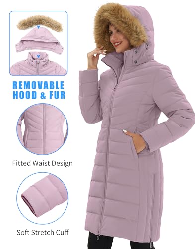 Pioneer Camp Wintermantel Damen Lang Warm Steppmantel Wasserdicht Winterjacke Mantel Damen Winter mit Abnehmbarer Kunstpelzkragen Gräulich Violett L