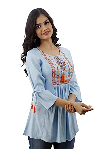 Image of DMP FASHION Women's Rayon Classic Heavy Embroidery Top with Beautifull Tassels at Front and on Both Sleeves